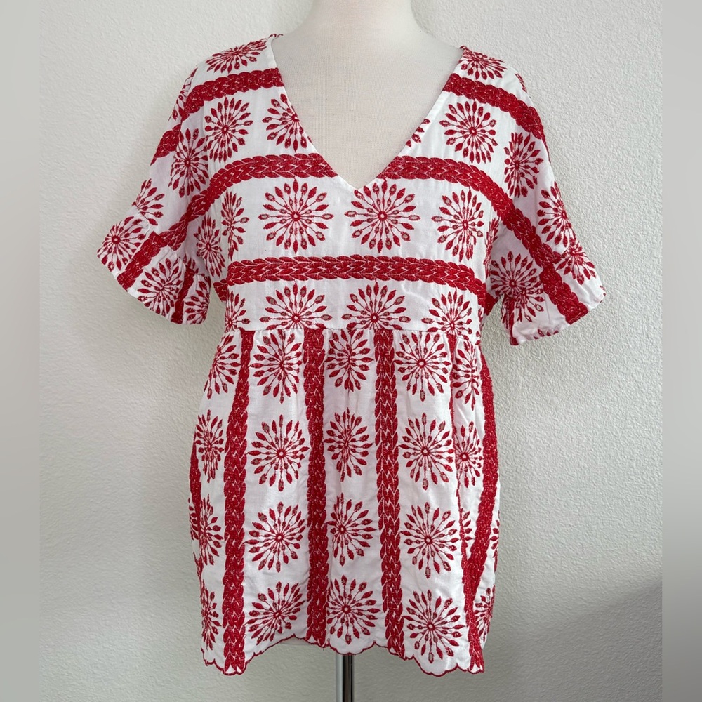 Entro Women's Boho Embroidered Blouse Size L Ruffle Sleeve Floral Preppy Cottage